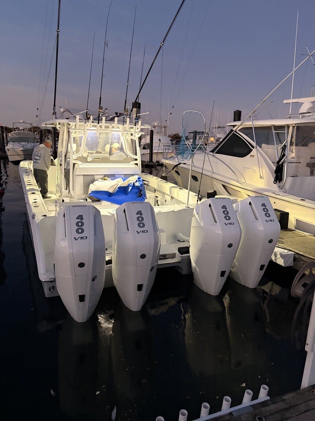 Pre-dawn departure, quad outboards
